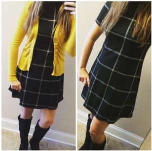 Monteau black plaid mock neck a-line mini dress